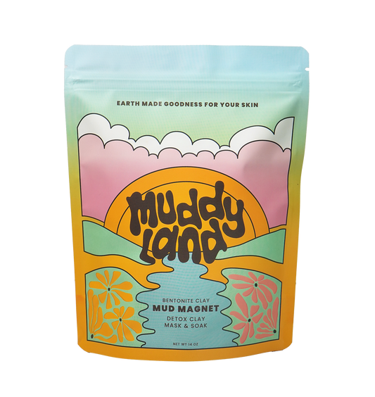 Muddyland Mud Magnet packaging showcasing a bentonite clay mask and soak for detox baths.